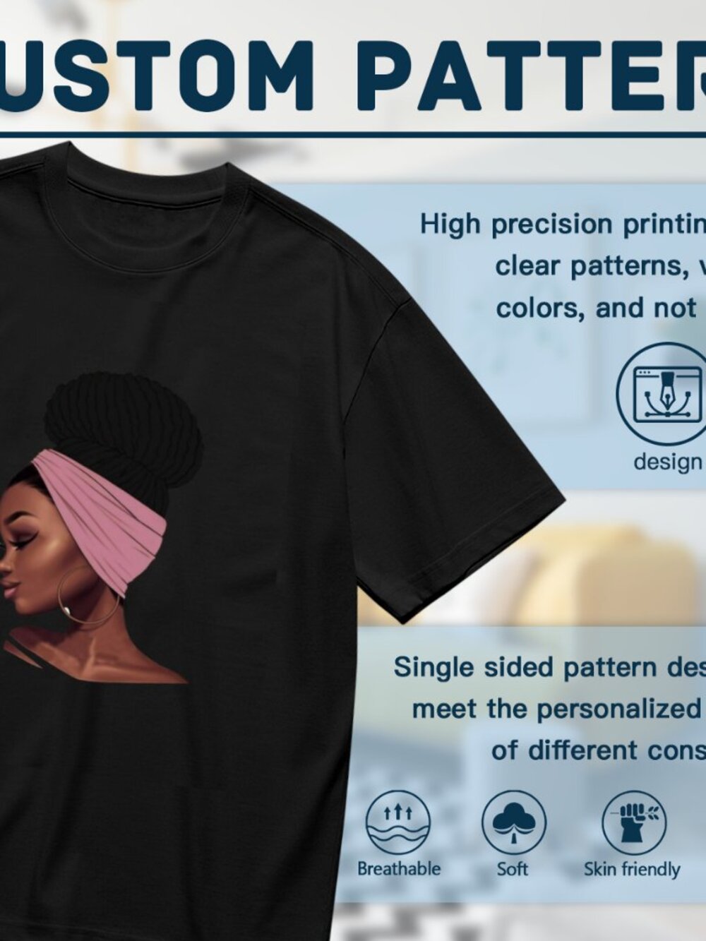 Black Short Sleeve Tee with Pink Headwrap Graphic - Picture 2 of 5